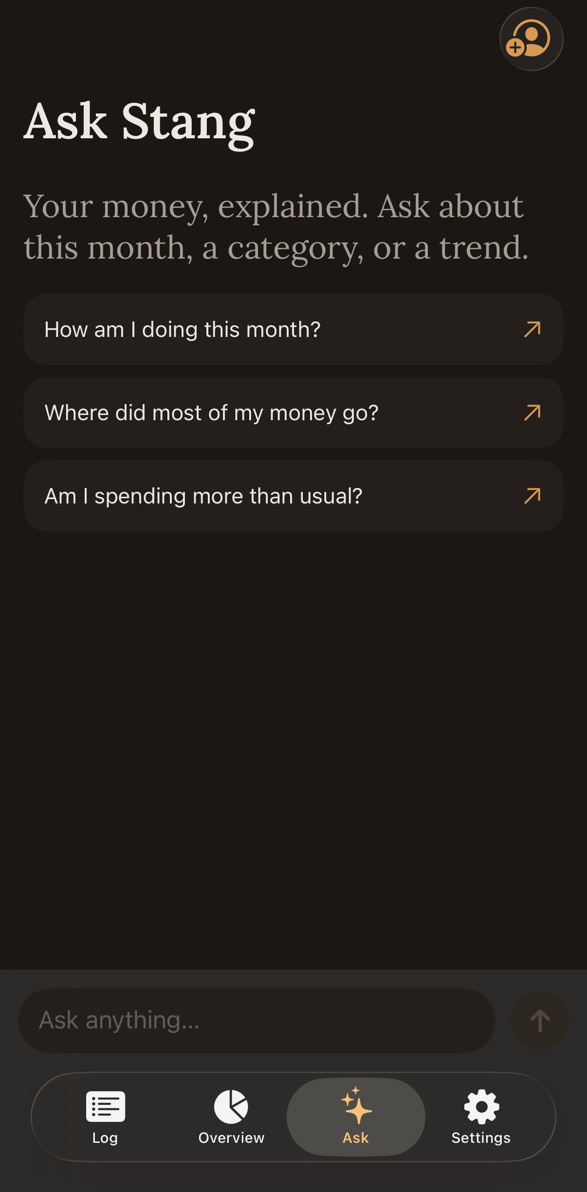 The Stang Ask screen answering a question about spending