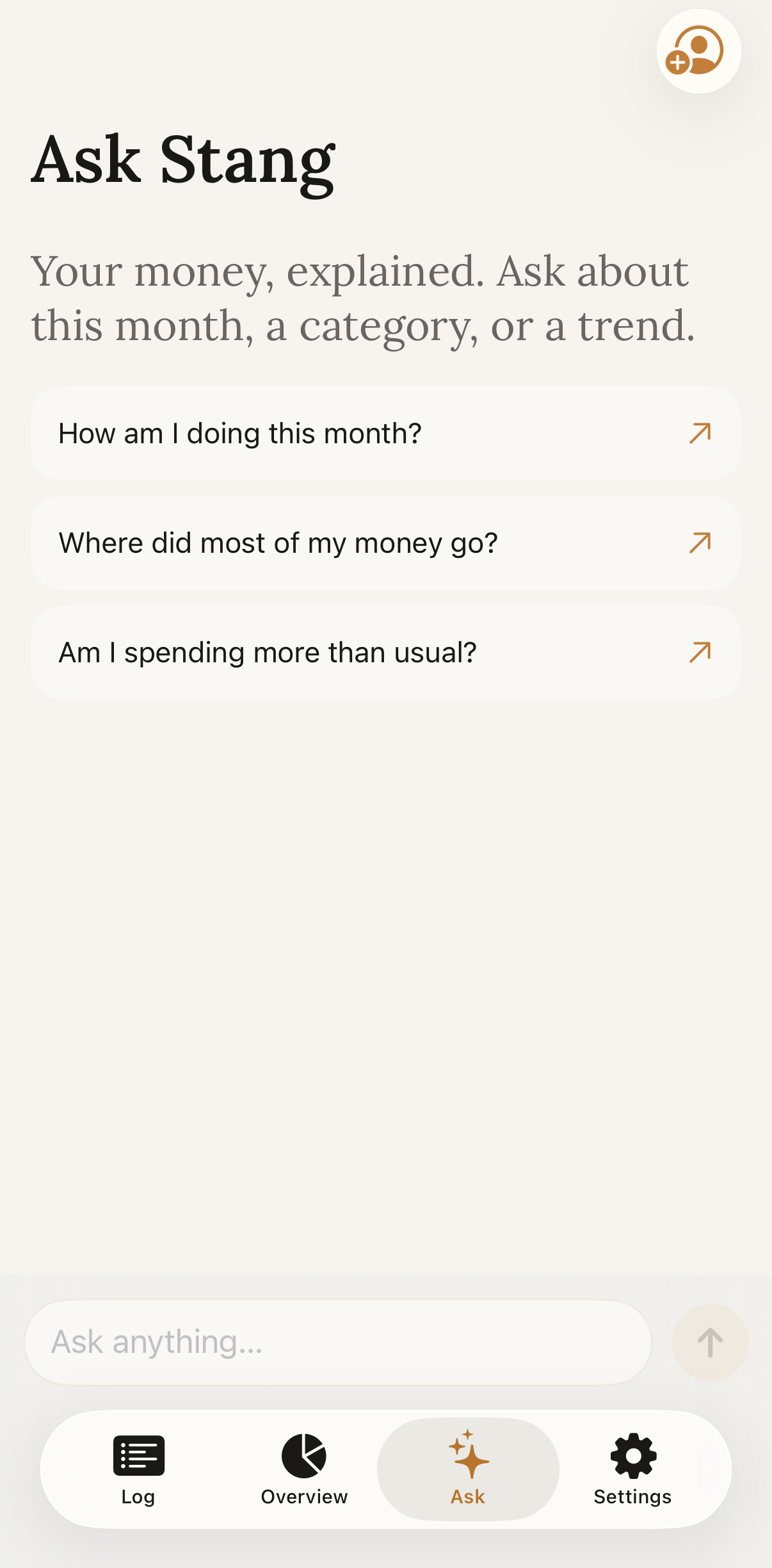 The Stang Ask screen answering a question about spending